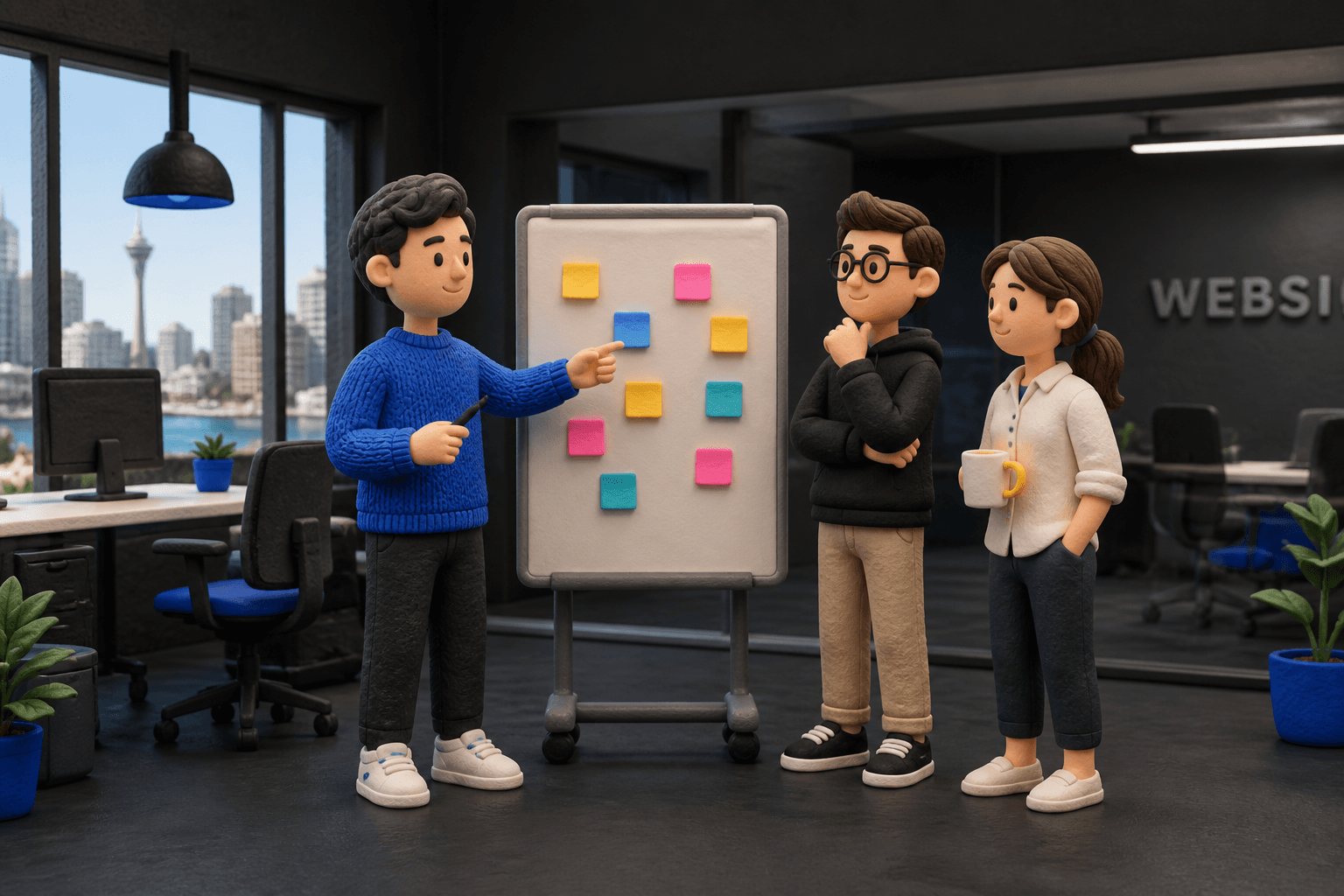 Clay-style morning stand-up at the whiteboard