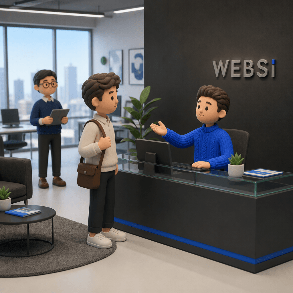 Clay-style Websi reception — founder greeting a visitor