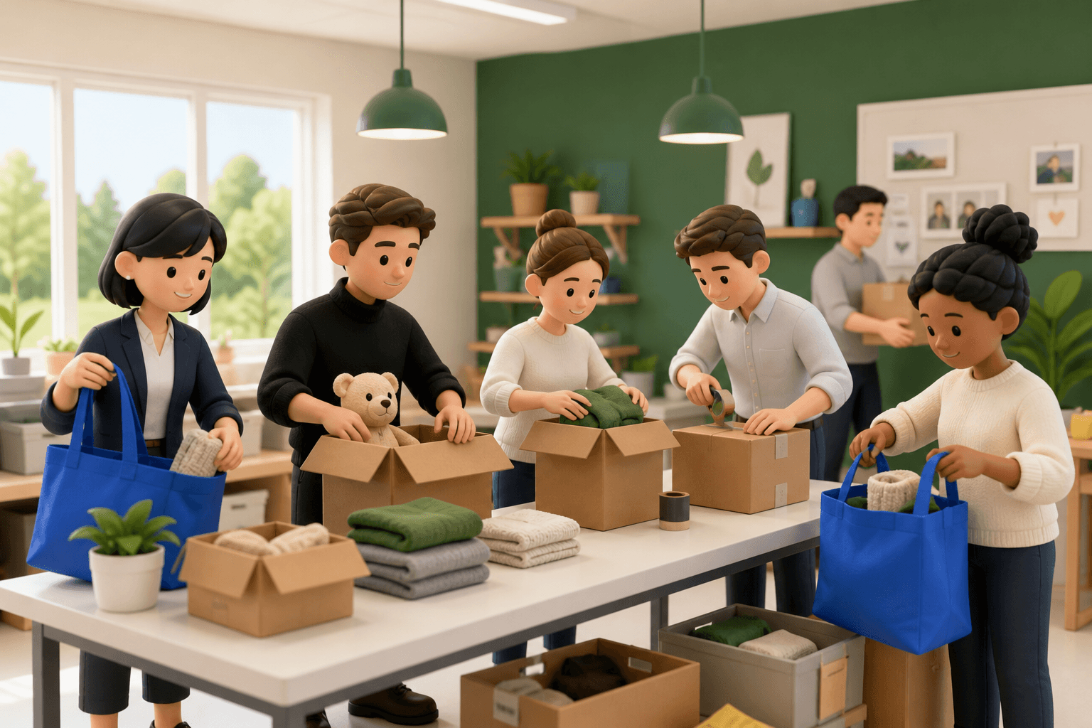 Clay-style community workshop packing boxes