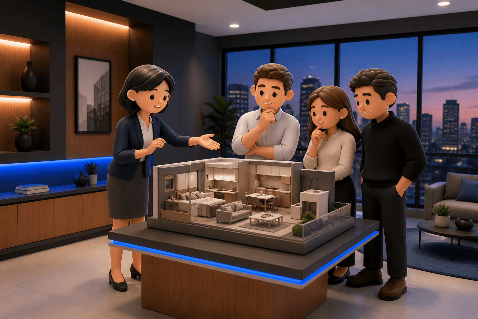 Clay-style property display suite with a miniature model