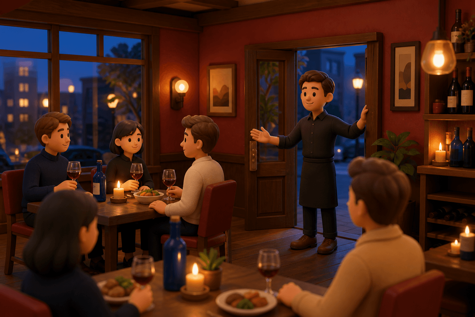 Clay-style restaurant dining room at dusk