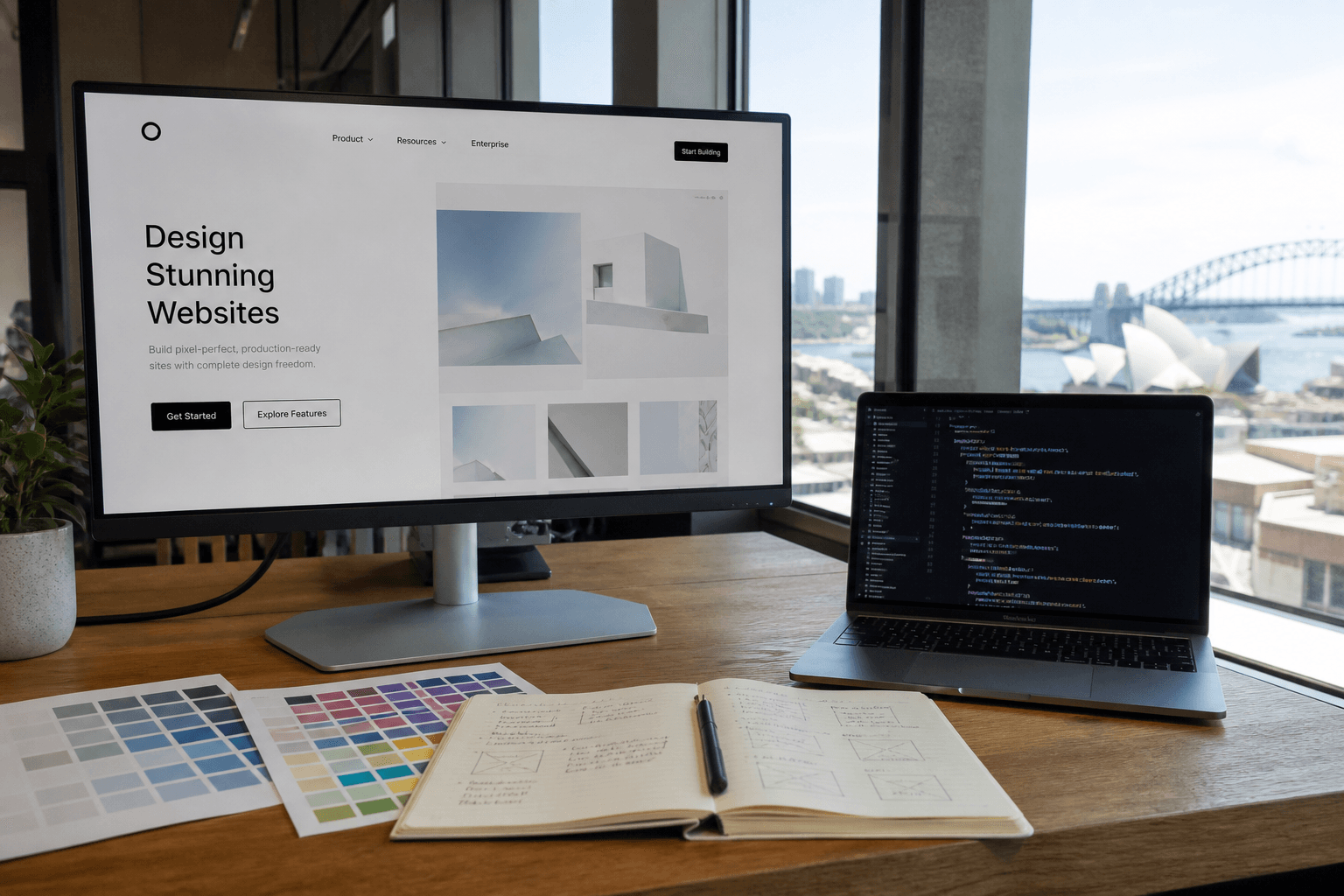 Designer desk with a marketing-page layout on a monitor and a code editor on a laptop