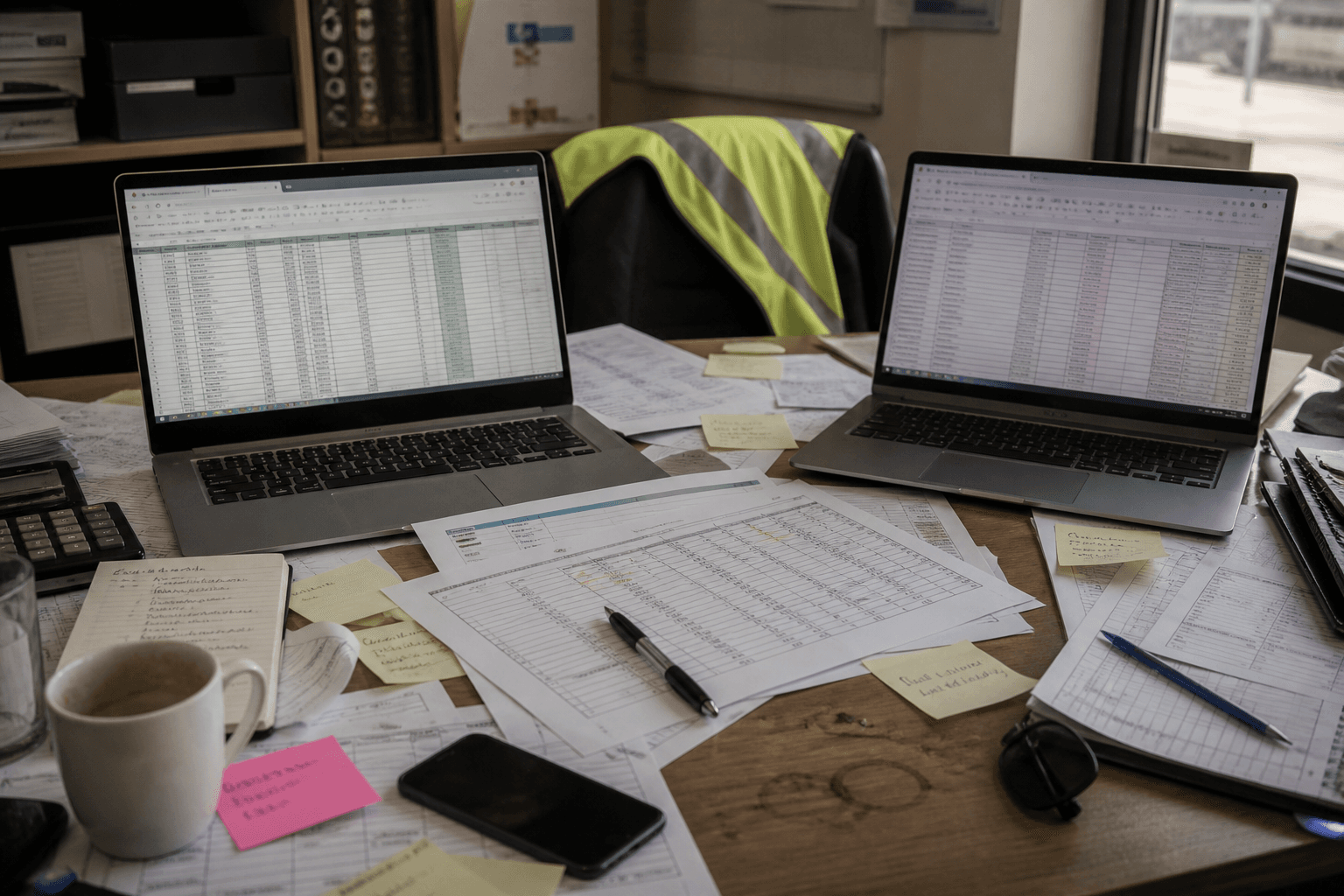 Cluttered ops desk with conflicting printed spreadsheets and two laptops