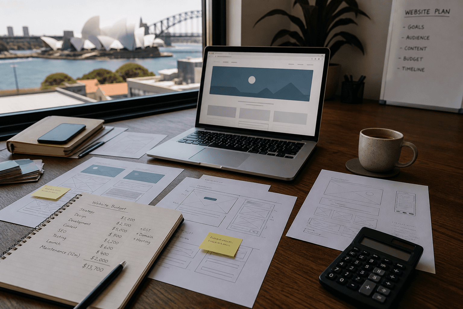 Printed website wireframes, laptop, and a 2026 budget notebook on a Sydney desk