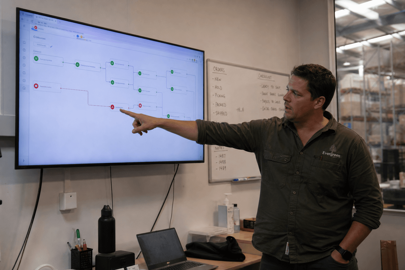 Wall monitor showing an automation flowchart in a small-business ops office