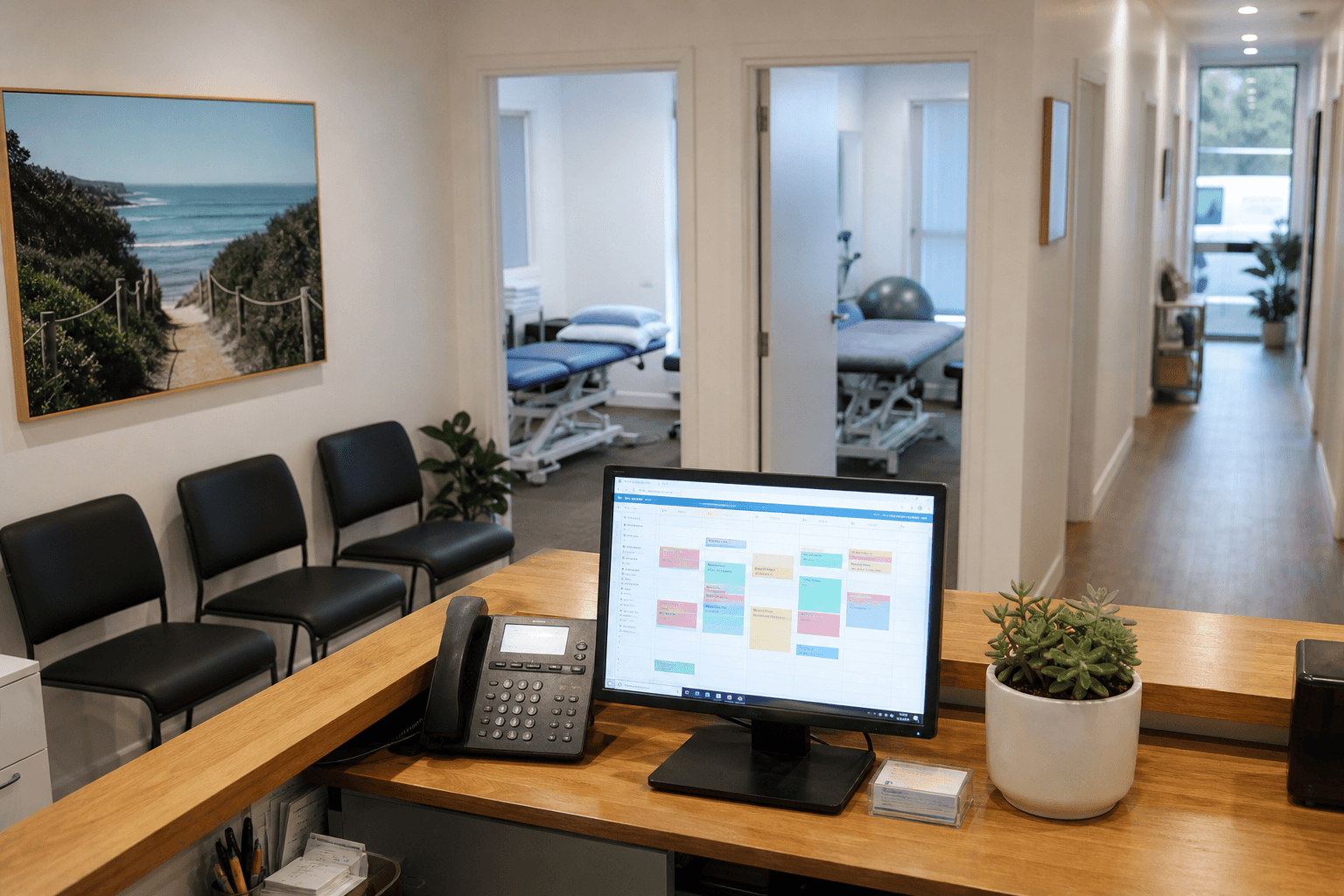 Clinic reception desk with a booking screen and treatment rooms beyond
