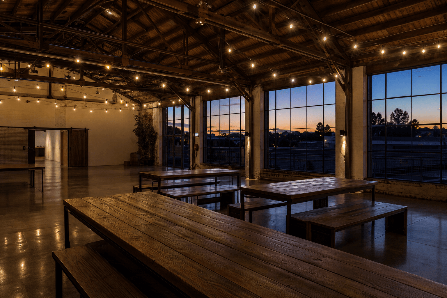 Warehouse venue at dusk with warm interior light and a quiet street frontage
