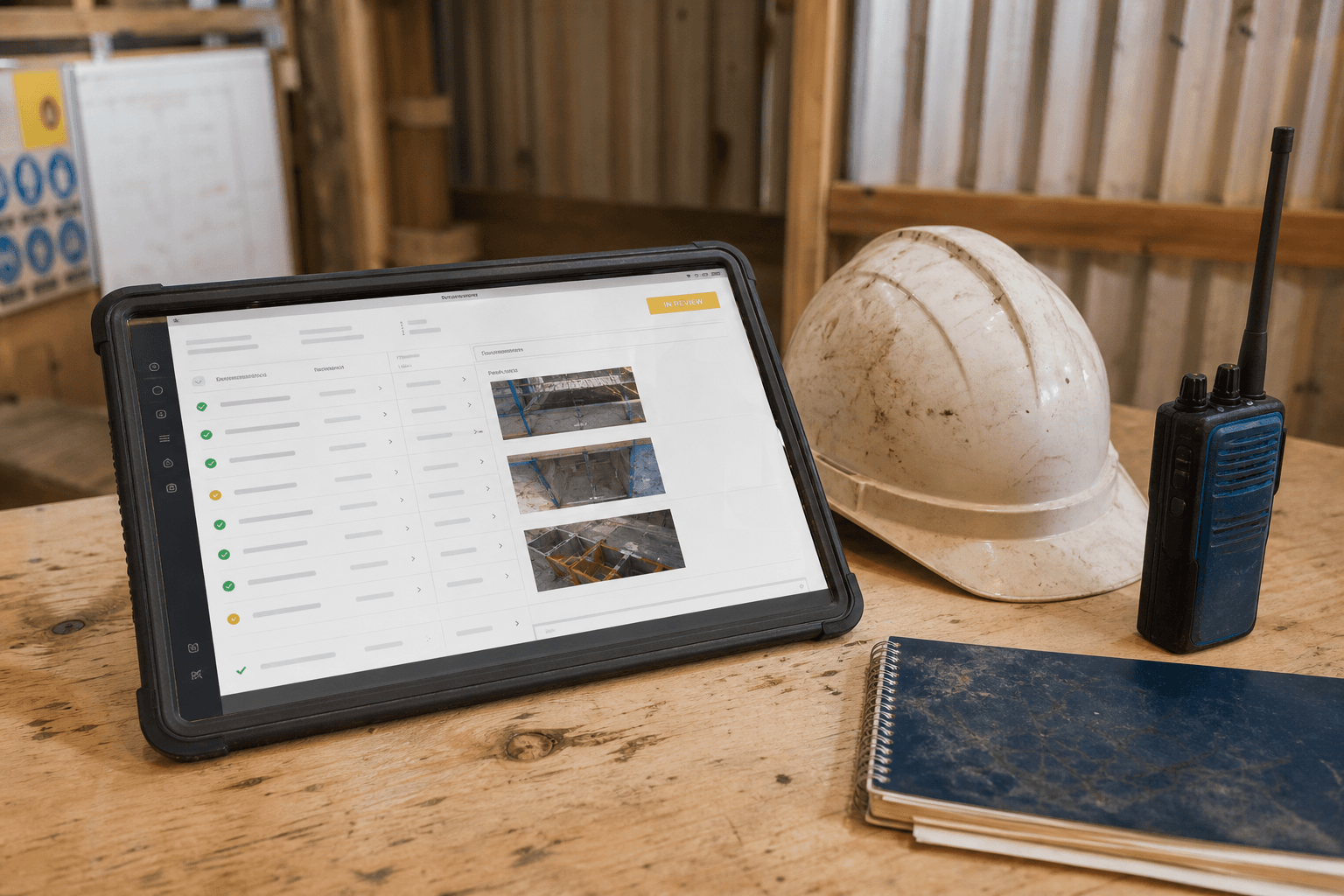 Supervisor reviewing completed site checklists on a tablet at a worksite desk