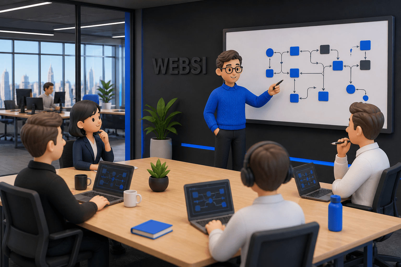 Clay-style automation workshop — mapping workflows on a wall screen