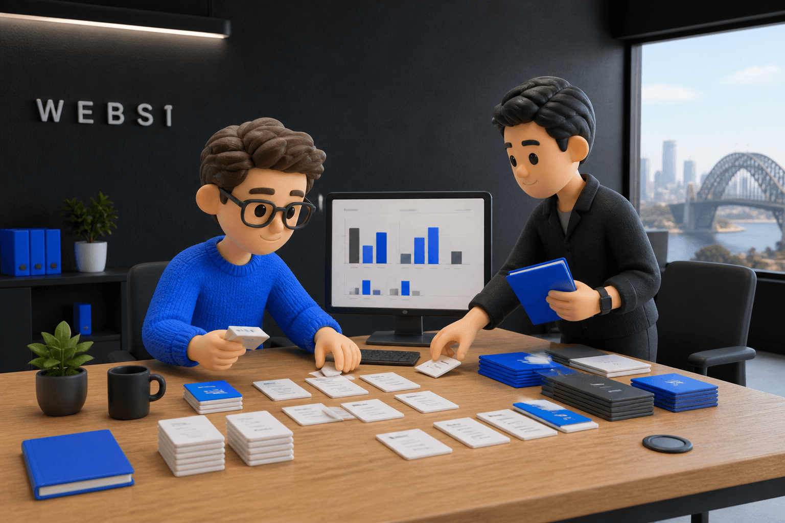 Clay-style data cleanup — sorting cards and folders at a desk