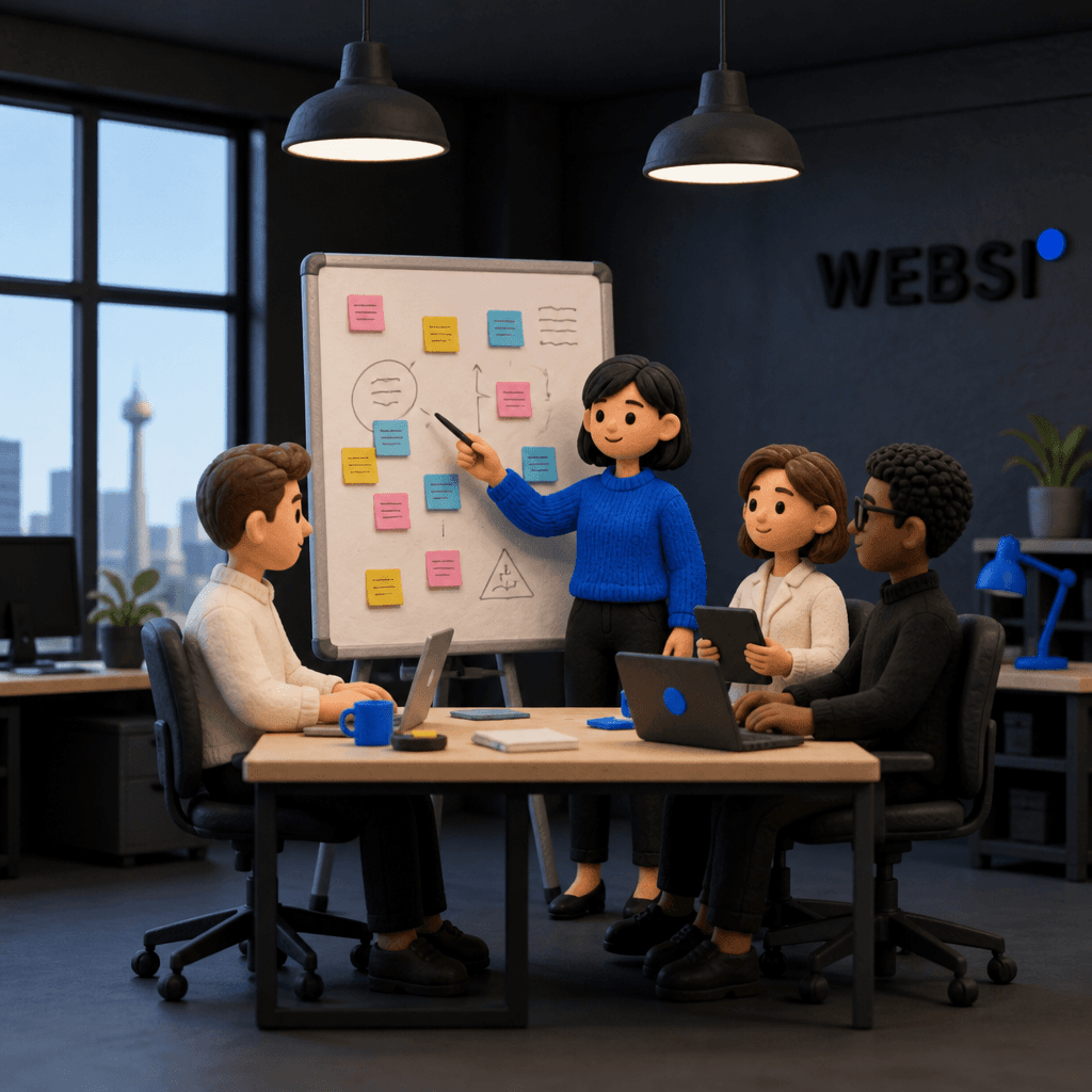 Clay-style Websi workshop — team planning services at a whiteboard