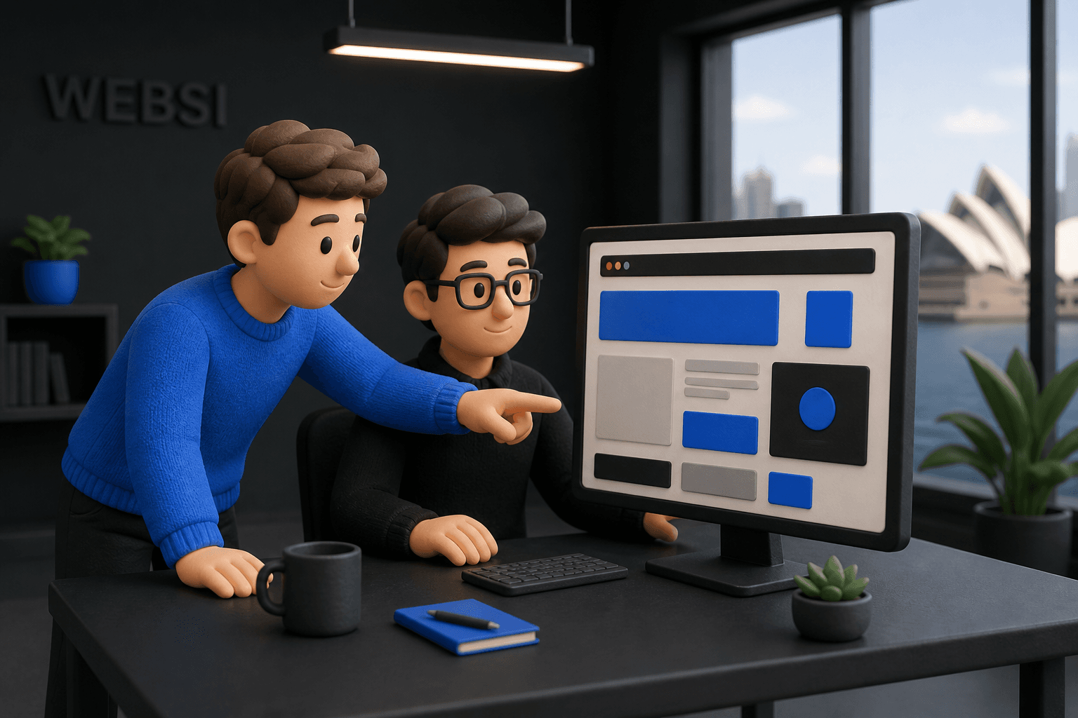 Clay-style web development — reviewing a site layout on a monitor